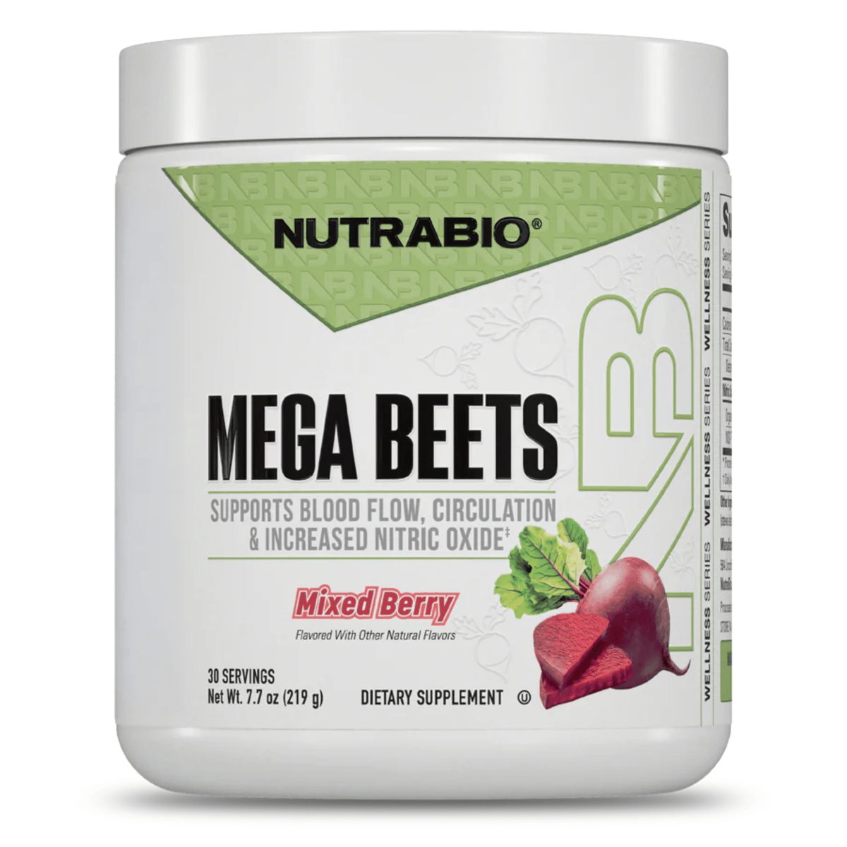NutraBio Mega Beets pump powder, front of container