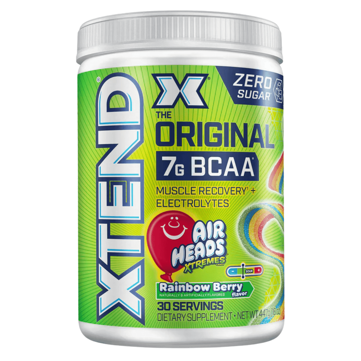 Xtend Airheads BCAA amino acid powder, front of container