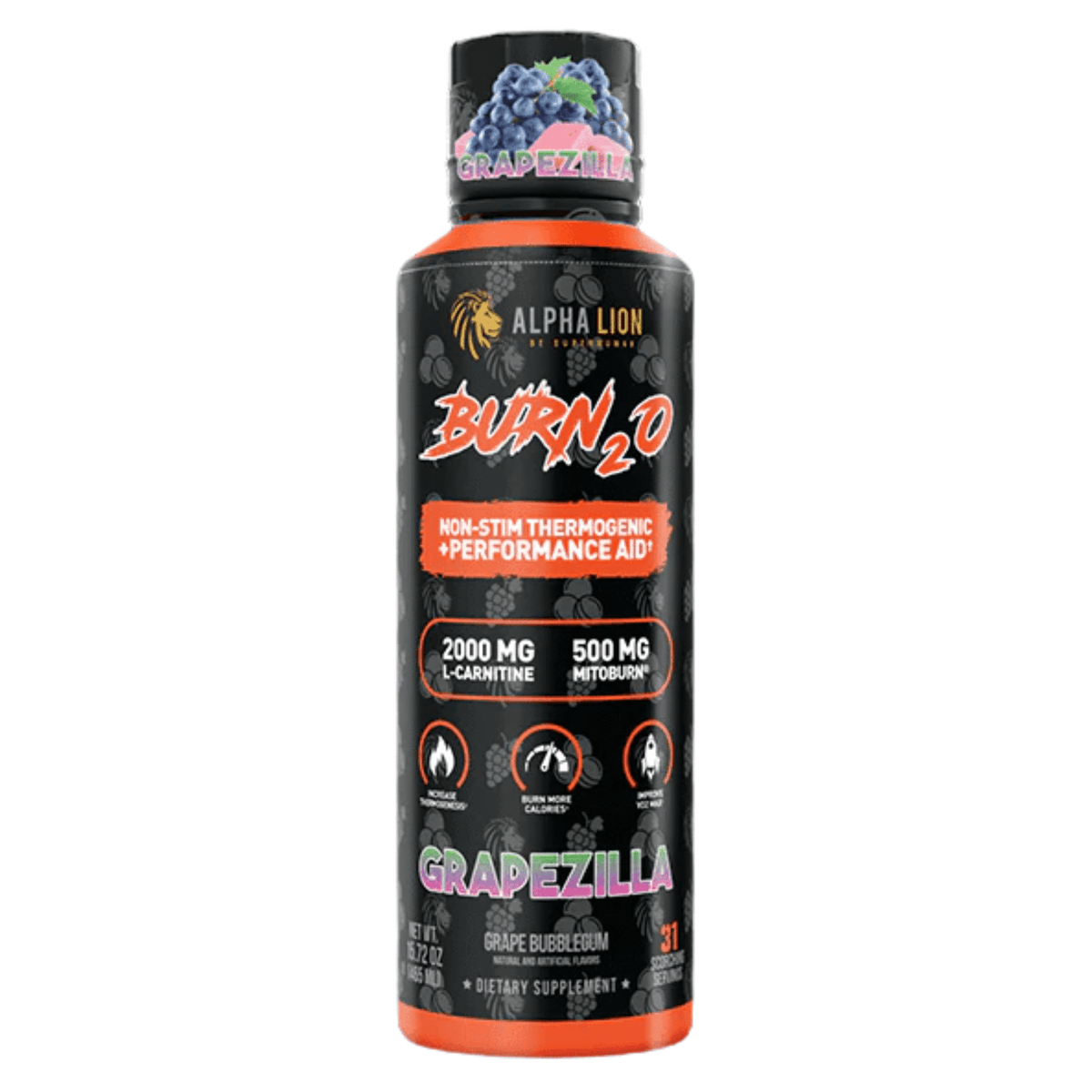 Alpha Lion Burn 2.0 fat burner supplement, front of container