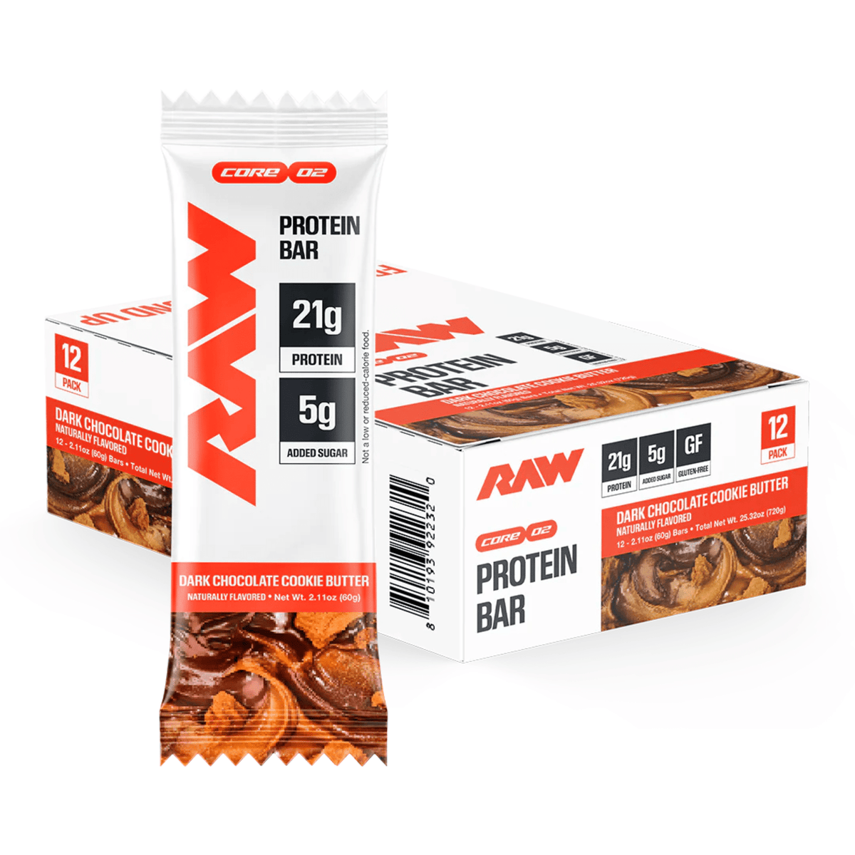 RAW Nutrition Protein Bar, 12ct size, Dark Chocolate Cookie Butter flavor