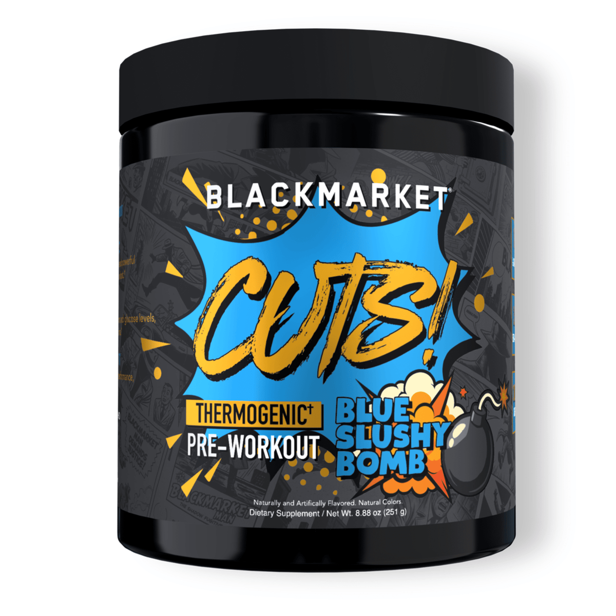 Black Market AdreNOlyn Cuts pre-workout powder, Blue Slushy Bomb flavor