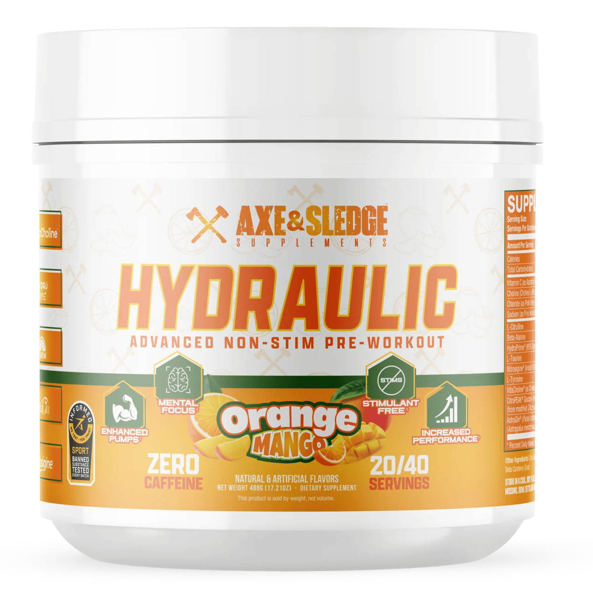 Axe & Sledge Hydraulic Stim-Free Pre-Workout, Orange Mango flavor