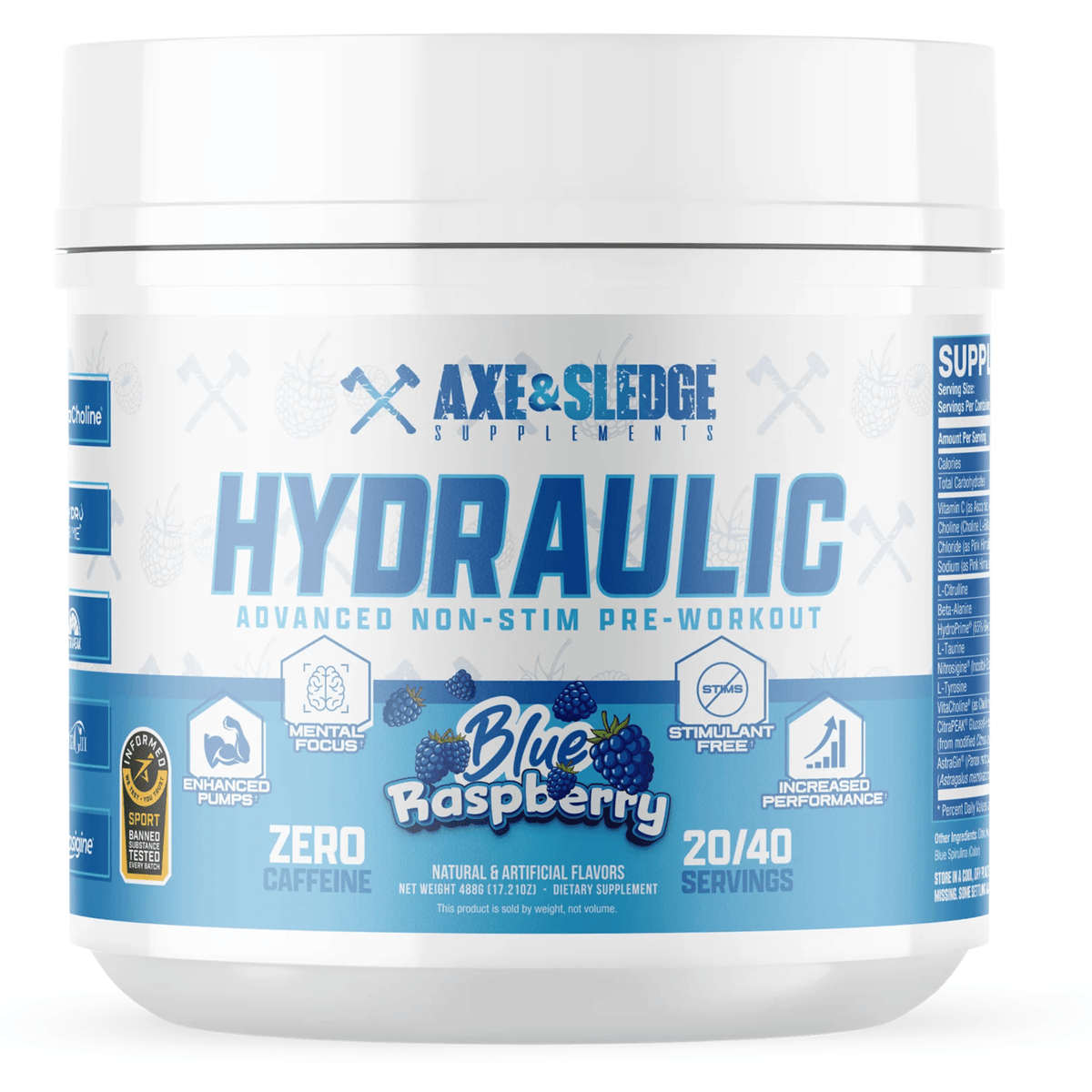 Axe & Sledge Hydraulic Stim-Free Pre-Workout pump powder, front of container
