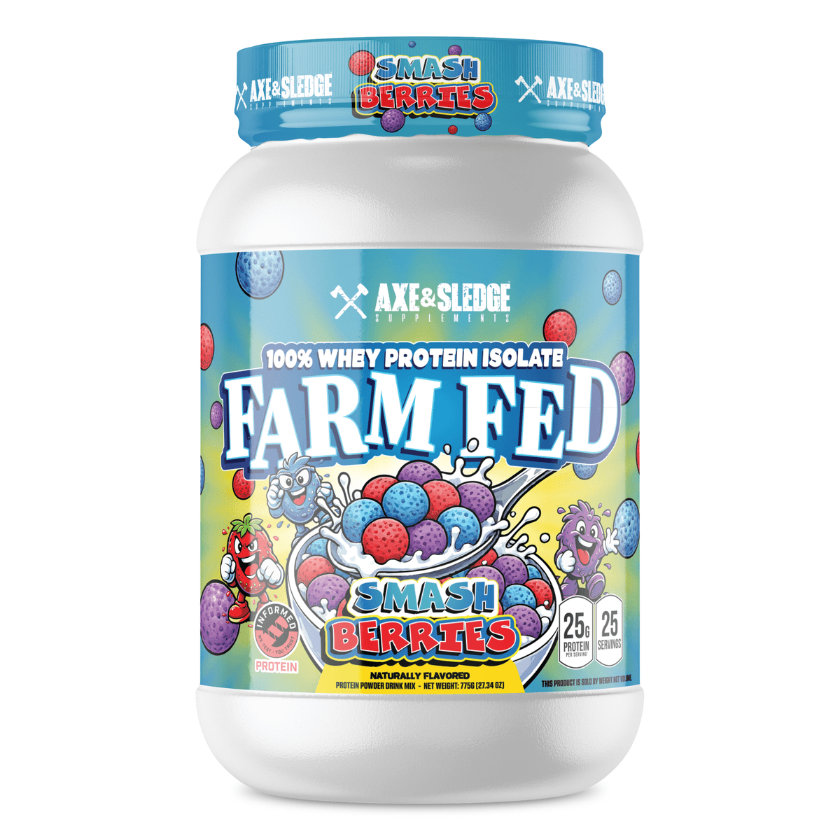 Axe & Sledge Farm Fed protein powder, front of container