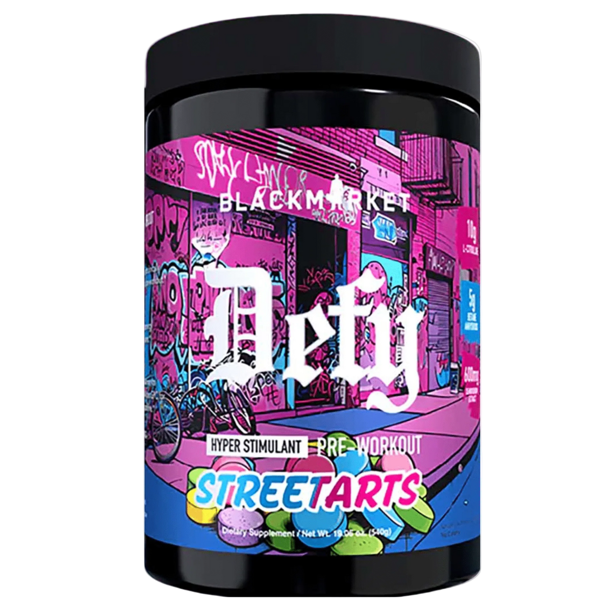 Black Market DEFY pre-workout powder, front of container