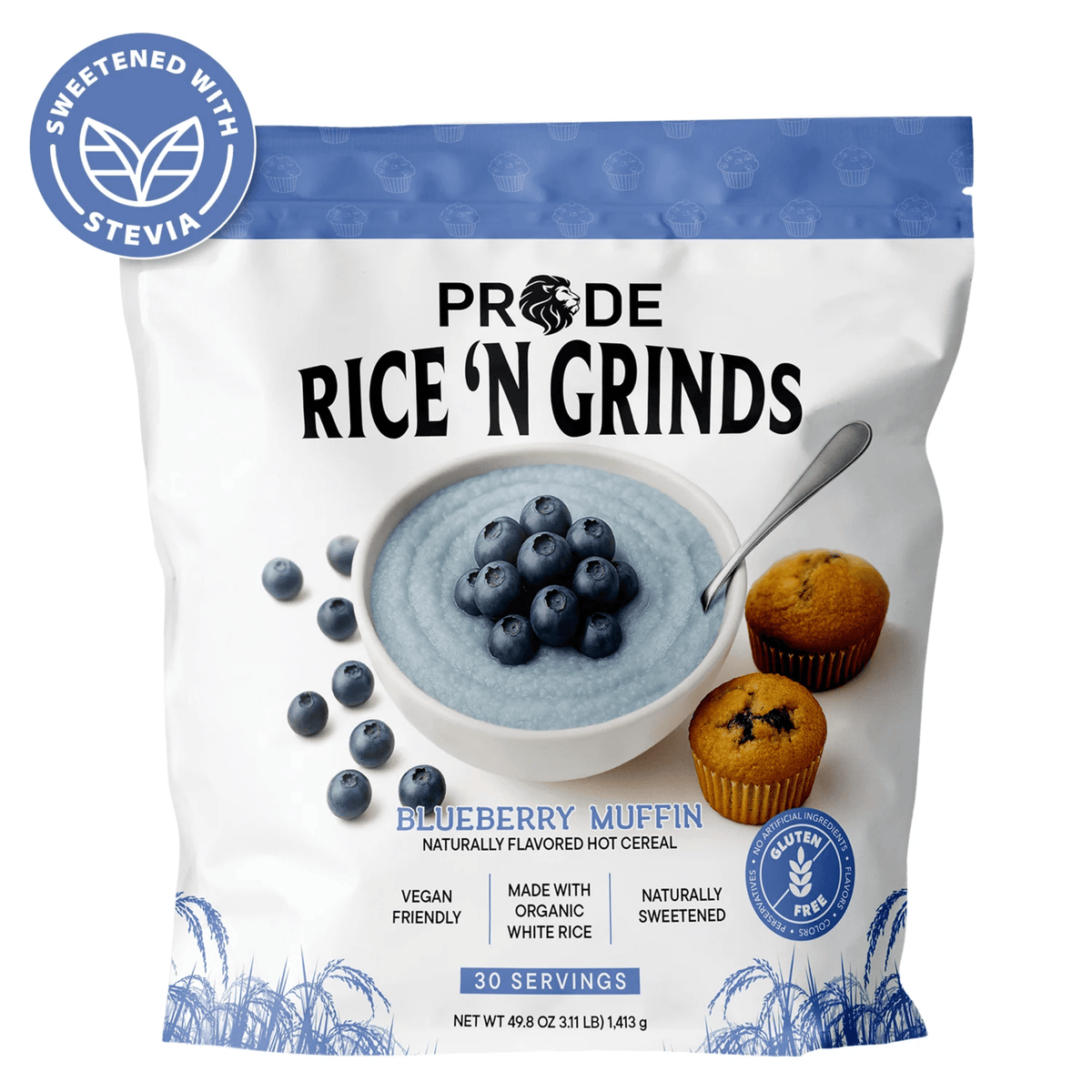 Pride Foods Hot Rice Cereal supplement, 44oz size, Blueberry Muffin flavor