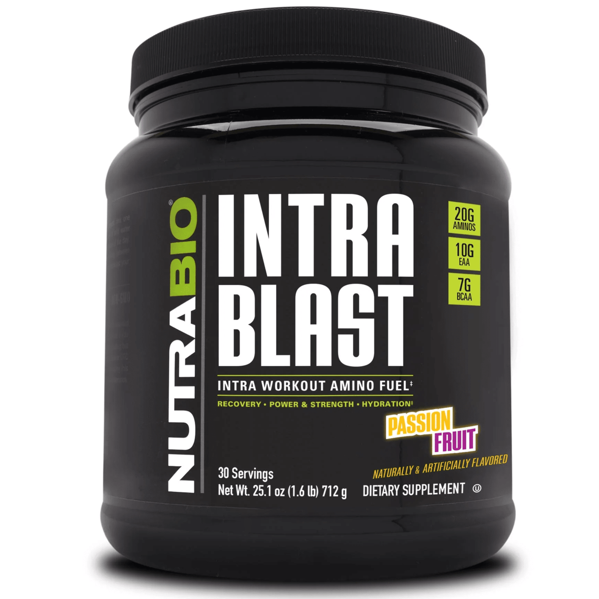 NutraBio Intra Blast amino acid powder, front of container