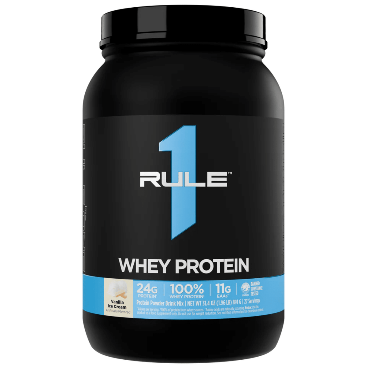 Rule 1 R1 Whey Blend protein powder, front of container