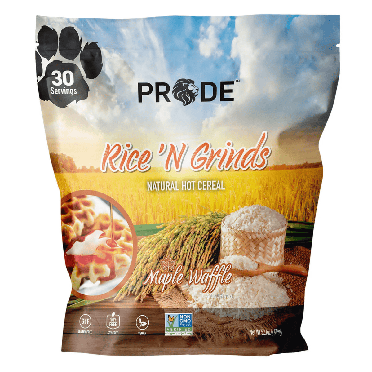 Pride Foods Hot Rice Cereal supplement, 44oz size, Maple Waffle flavor