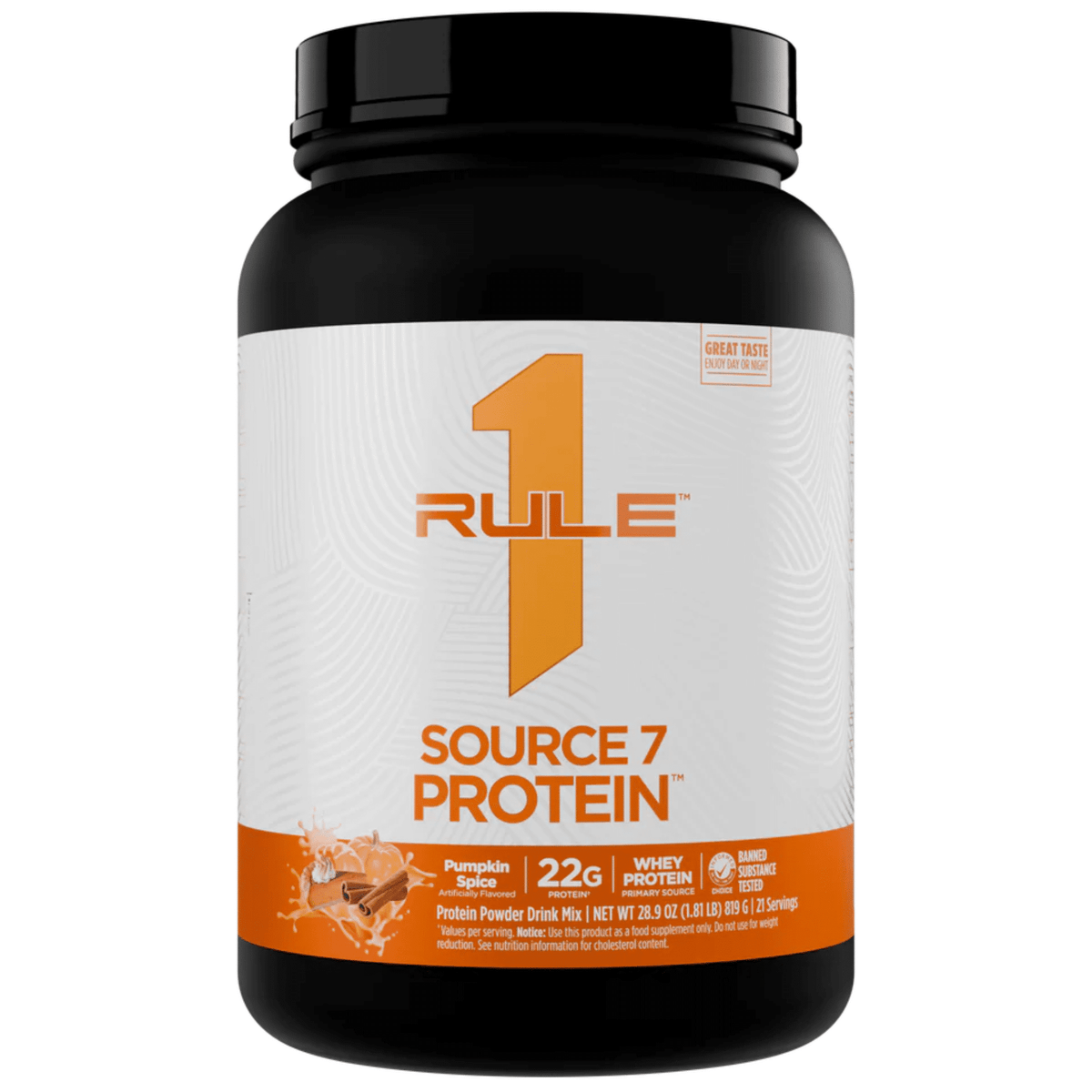 Rule One Source 7 protein powder, 1.8lb size, Pumpkin Spice Gelato flavor