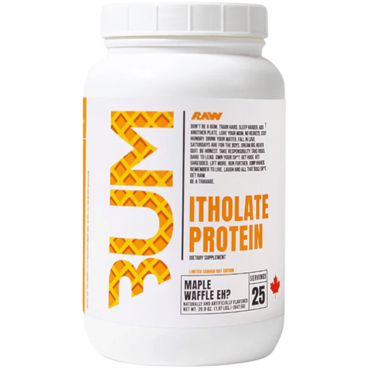 RAW CBUM Itholate protein powder, 25sv size, Maple Waffle Eh flavor