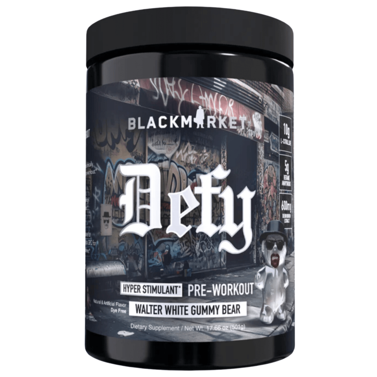 Black Market DEFY pre-workout powder, 40/20 sv size, Walter White Gummy Bear flavor