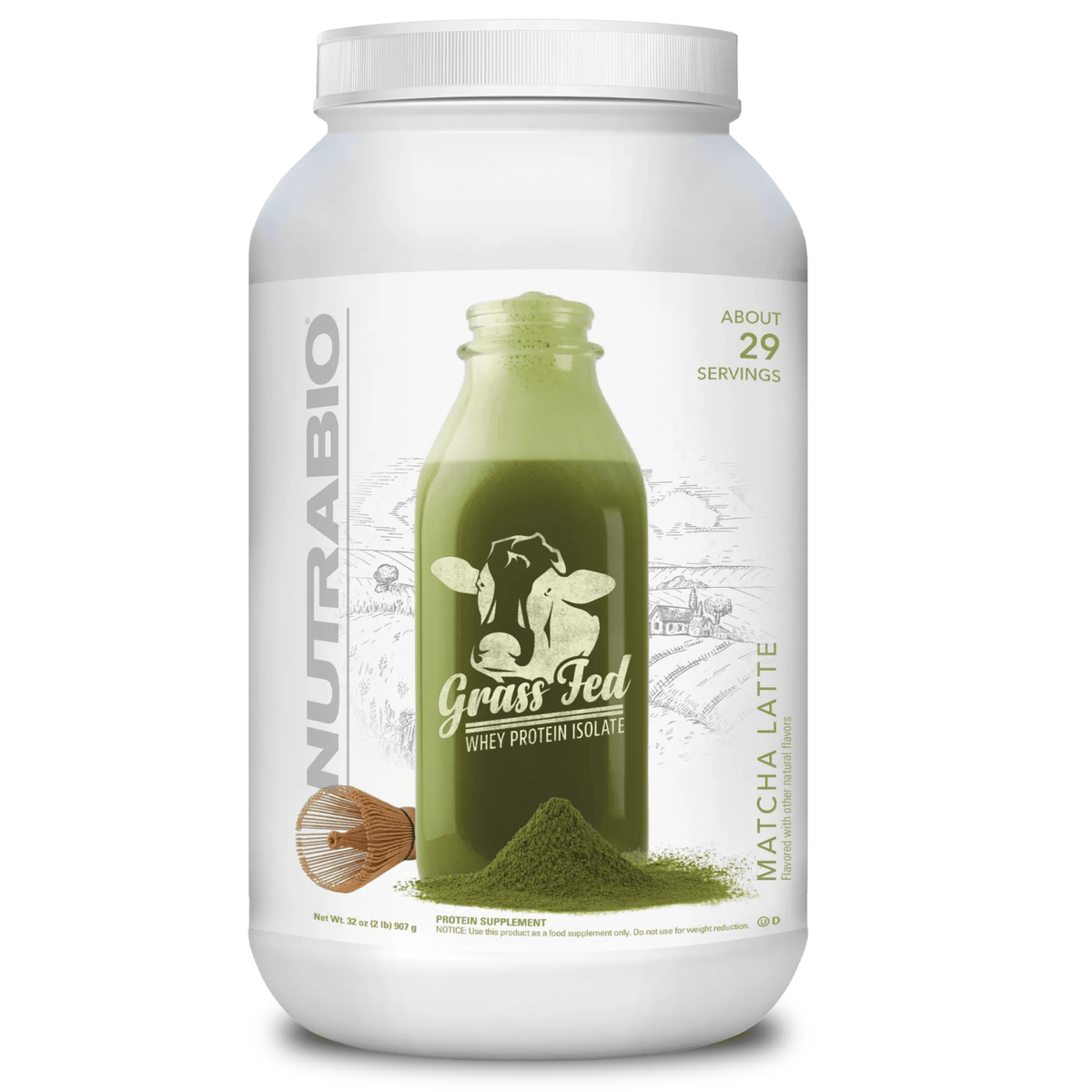 Nutra Bio Grass Fed Whey Isolate protein powder, 2lb size, Matcha Latte flavor