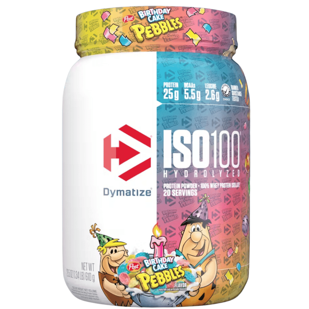Dymatize Iso 100 protein powder, front of container