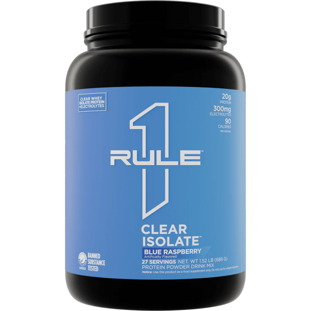 Rule One Clear Whey Isolate protein powder, Blue Raspberry flavor