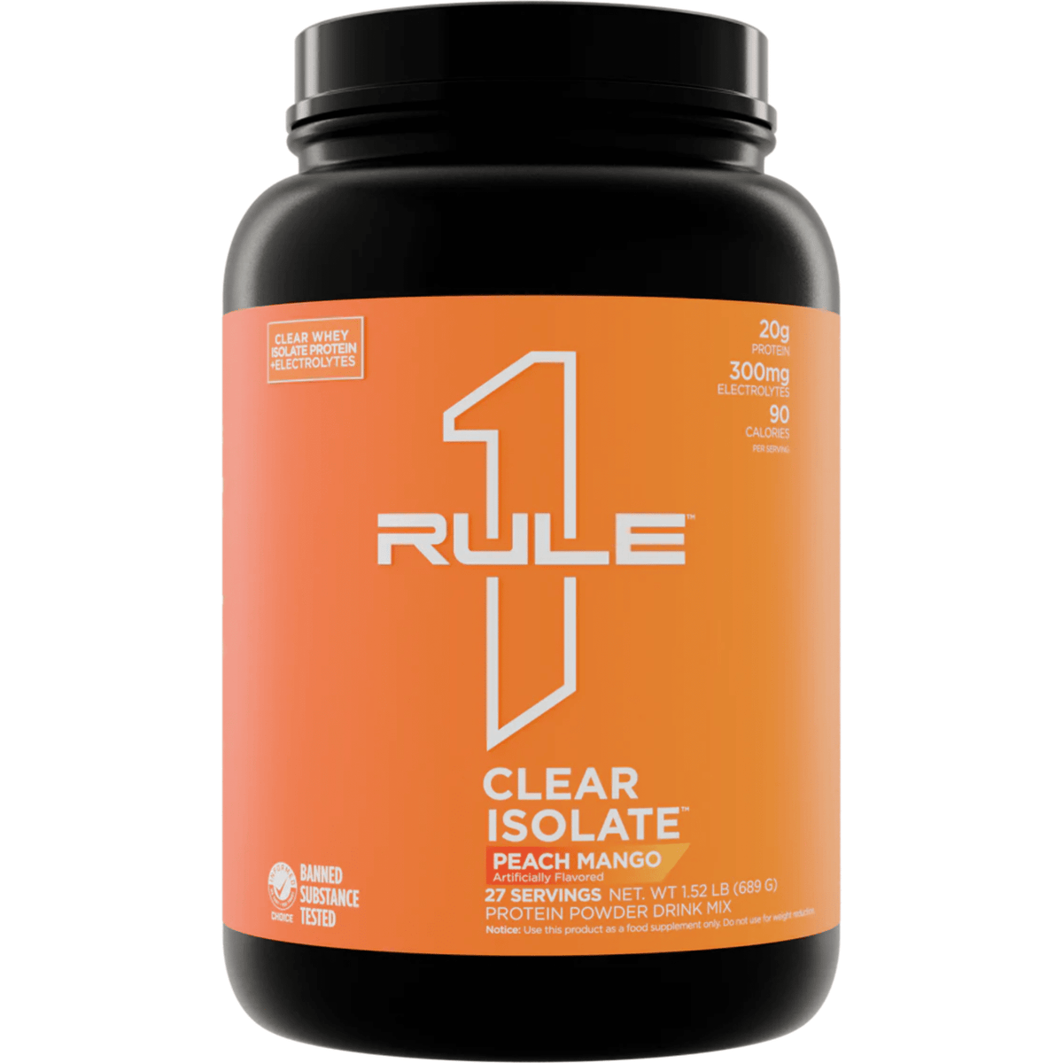 Rule One Clear Whey Isolate protein powder, front of container