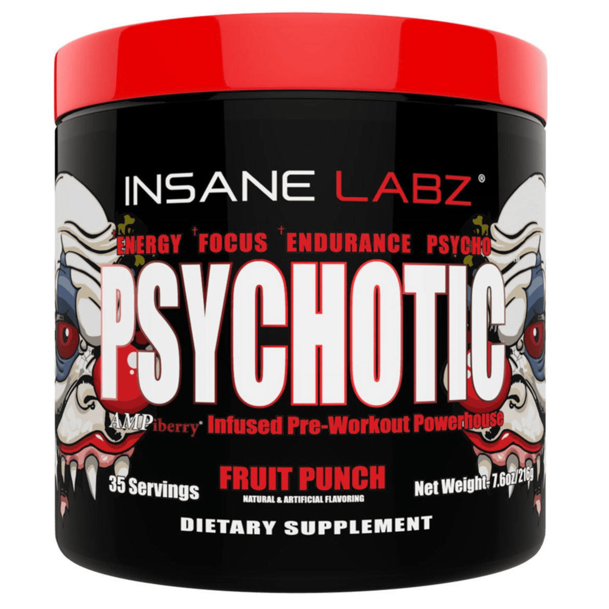 Insane Labz Psychotic pre-workout powder, front of container