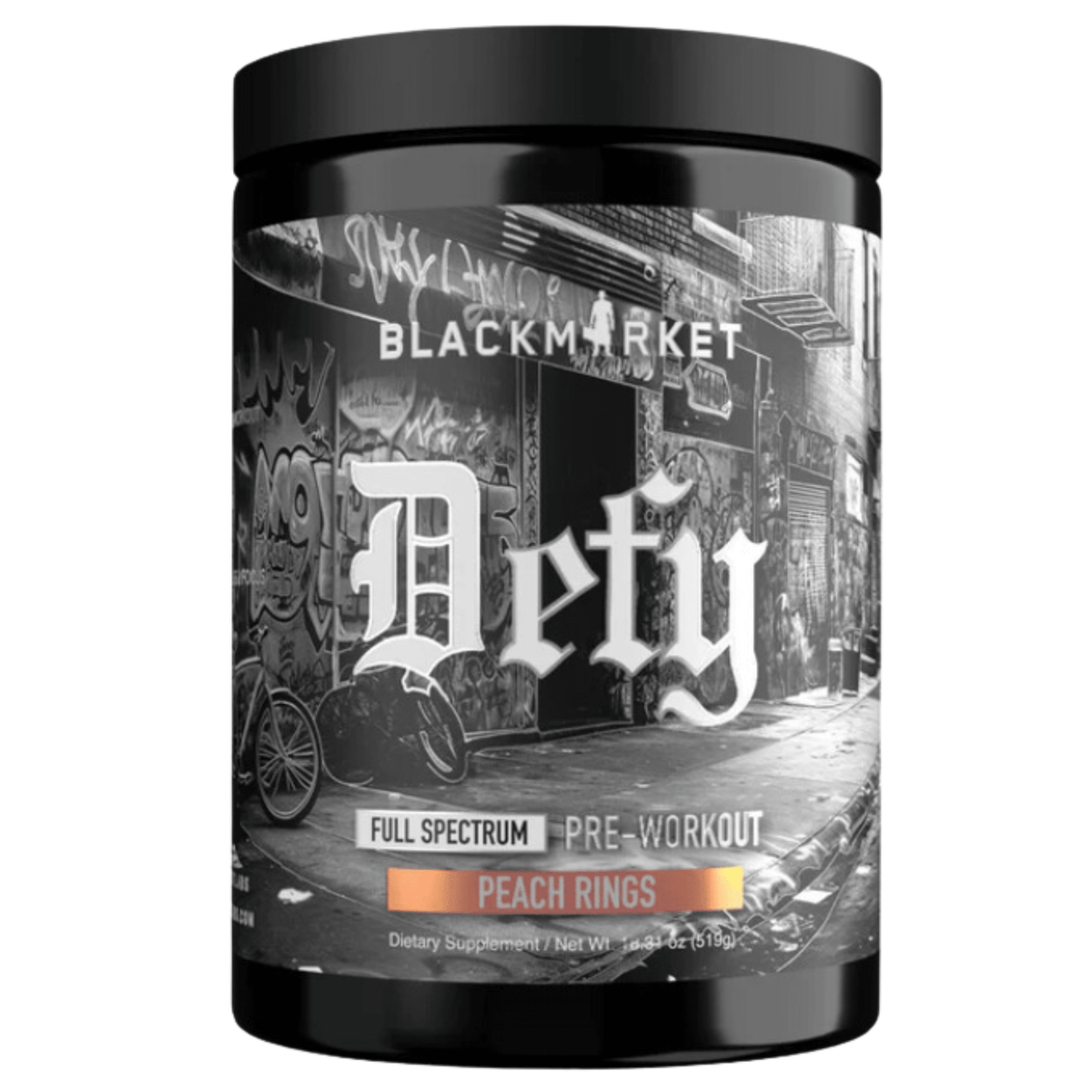 Black Market DEFY pre-workout powder, 40/20 sv size, Peach Rings flavor