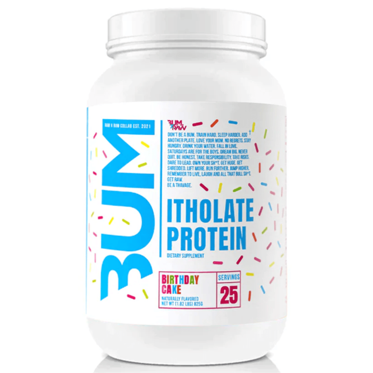 RAW CBUM Itholate protein powder, 25sv size, Birthday Cake flavor
