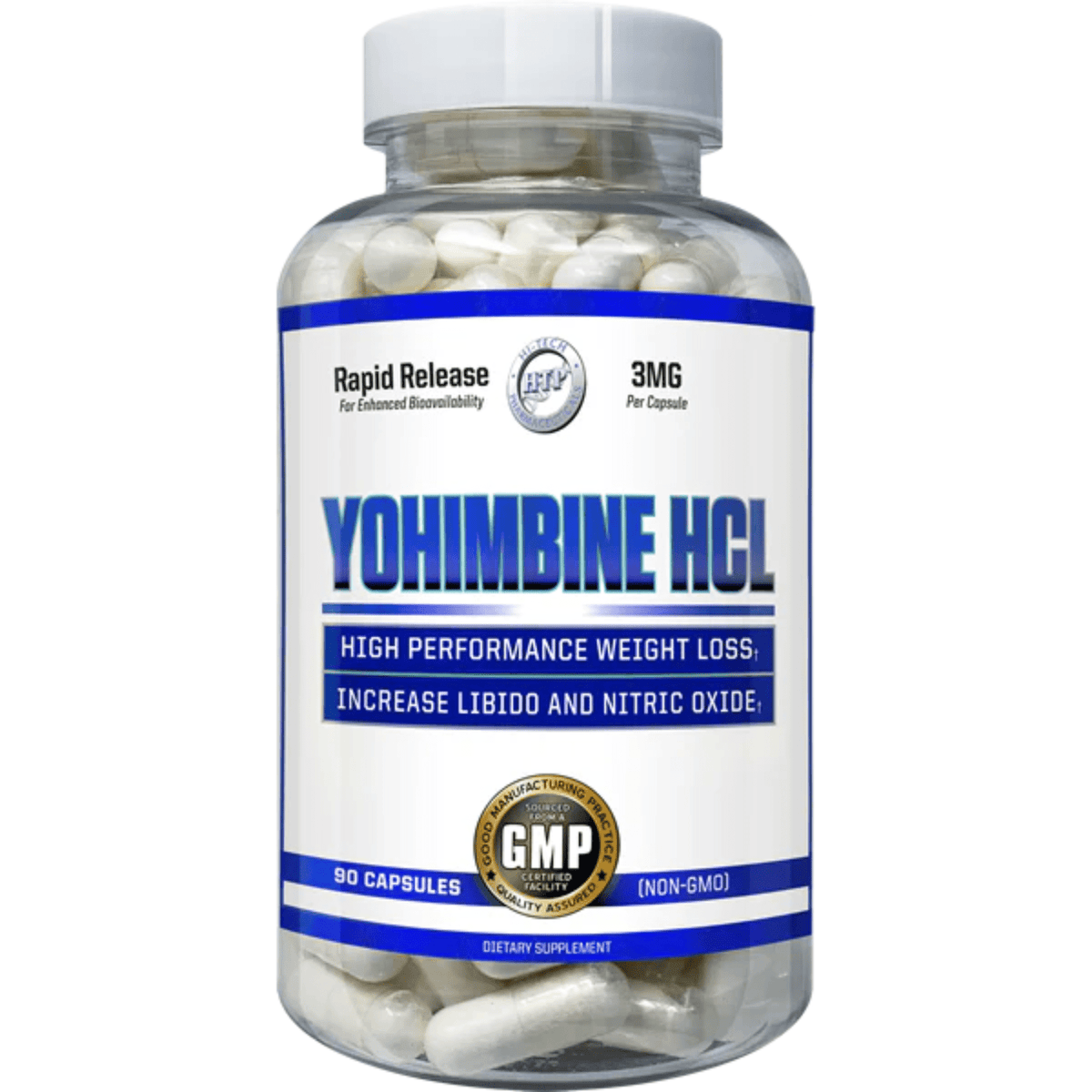 Hi-Tech Pharmaceuticals Yohimbine HCL fat burner supplement, front of container