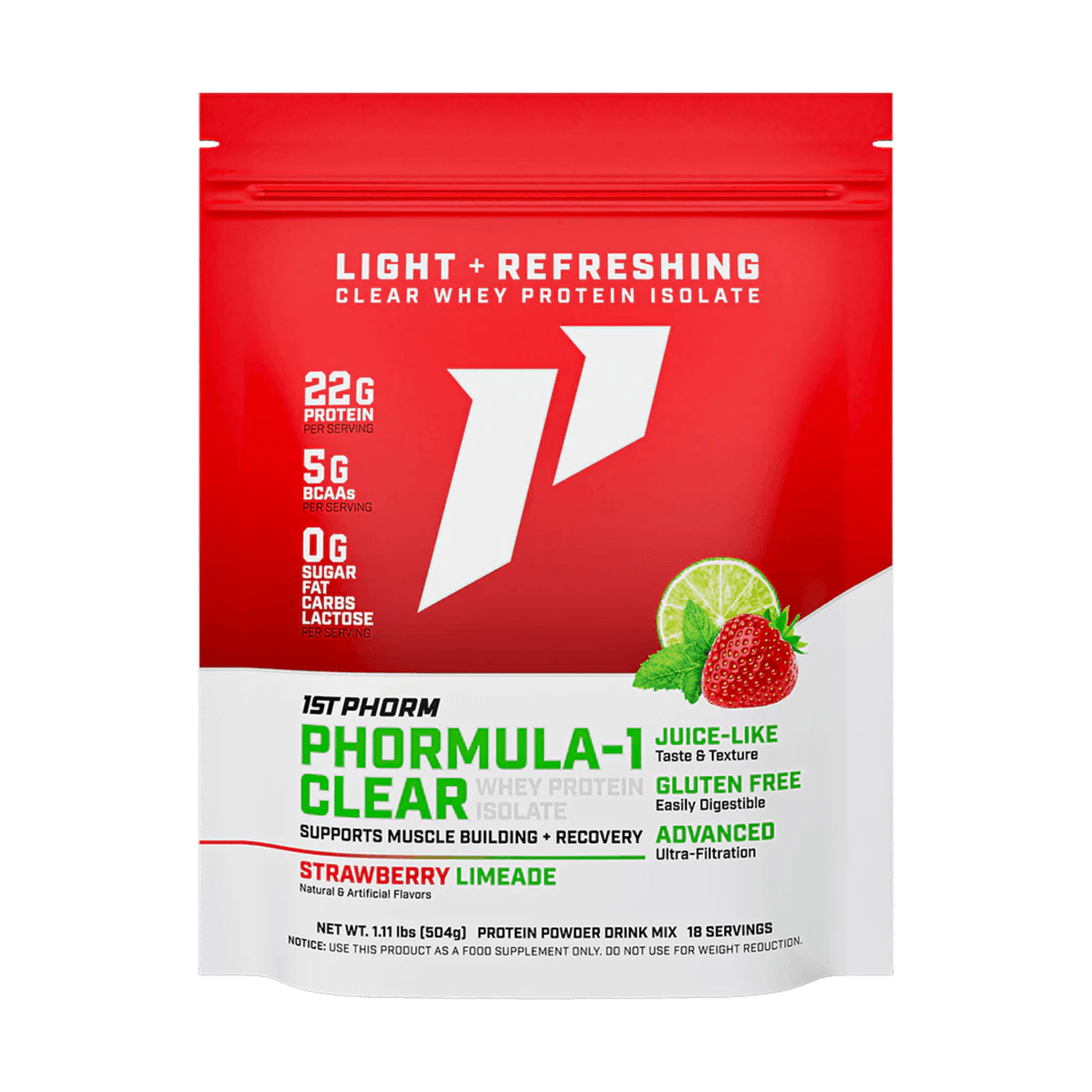 1st Phorm Phormula 1 Clear Whey protein powder, front of container