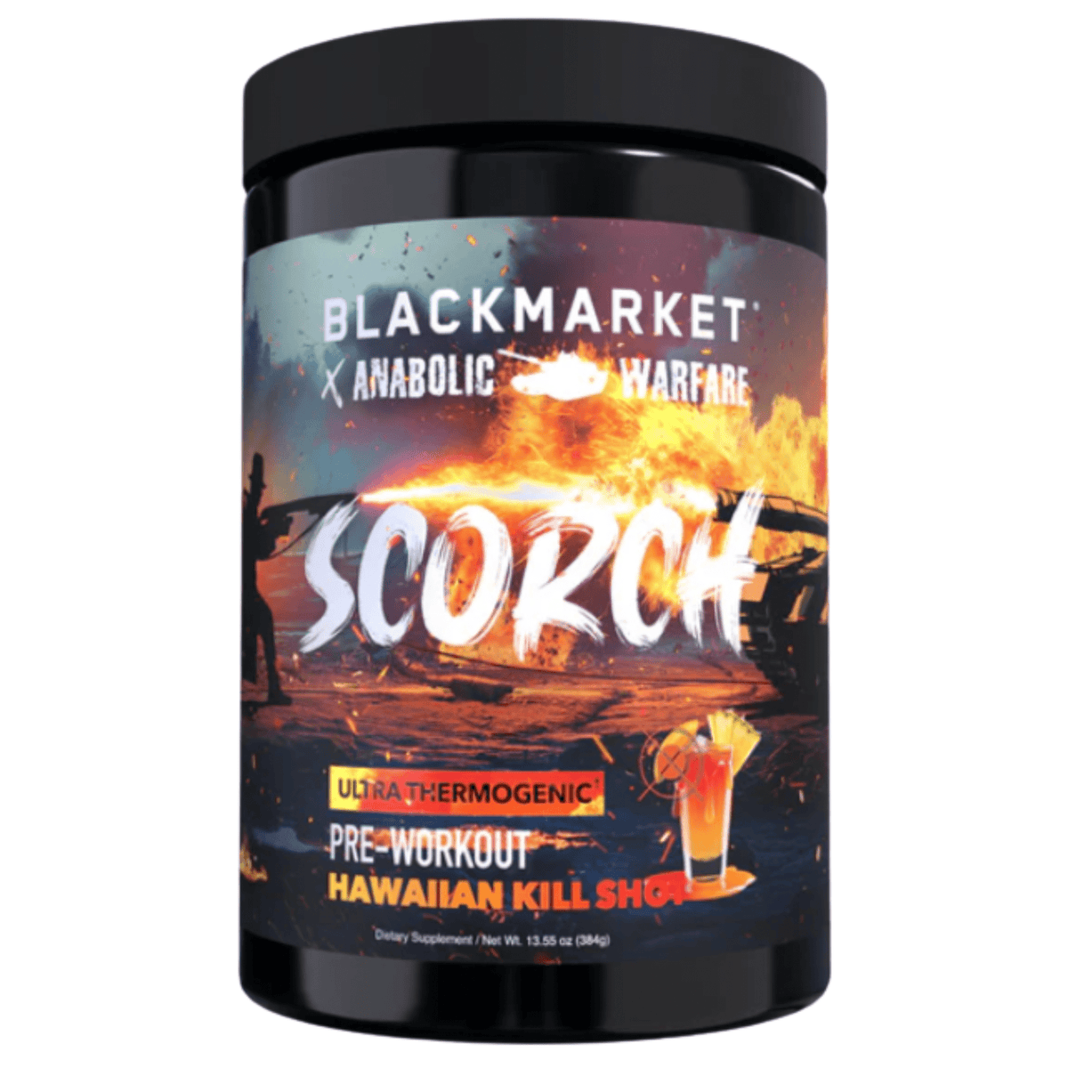 Black Market SCORCH pre-workout powder, front of container