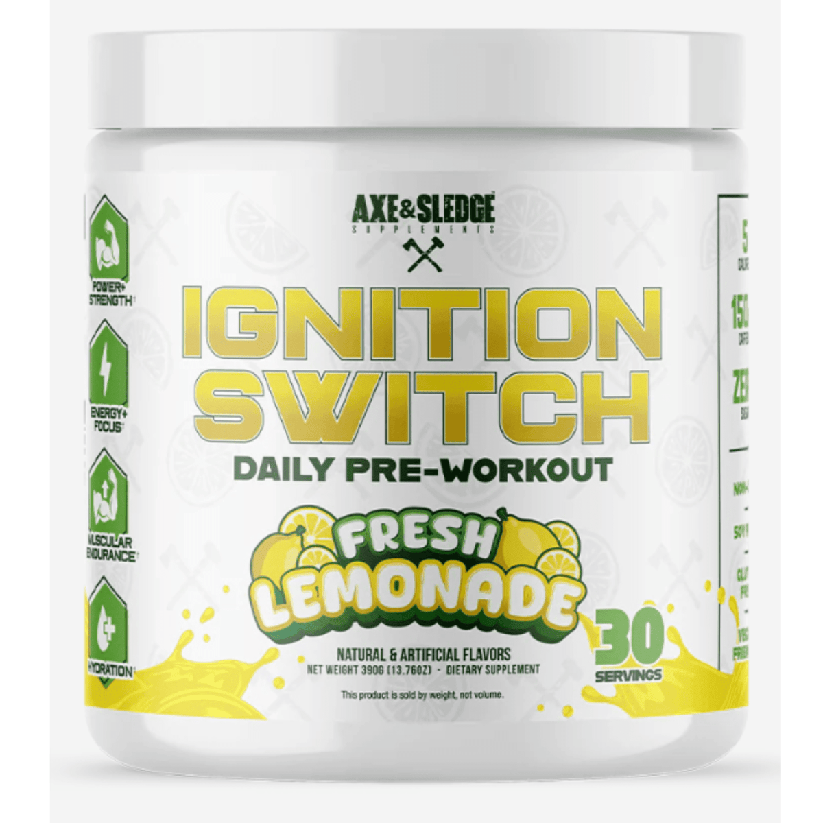 Axe & Sledge Ignition Switch pre-workout powder, front of container