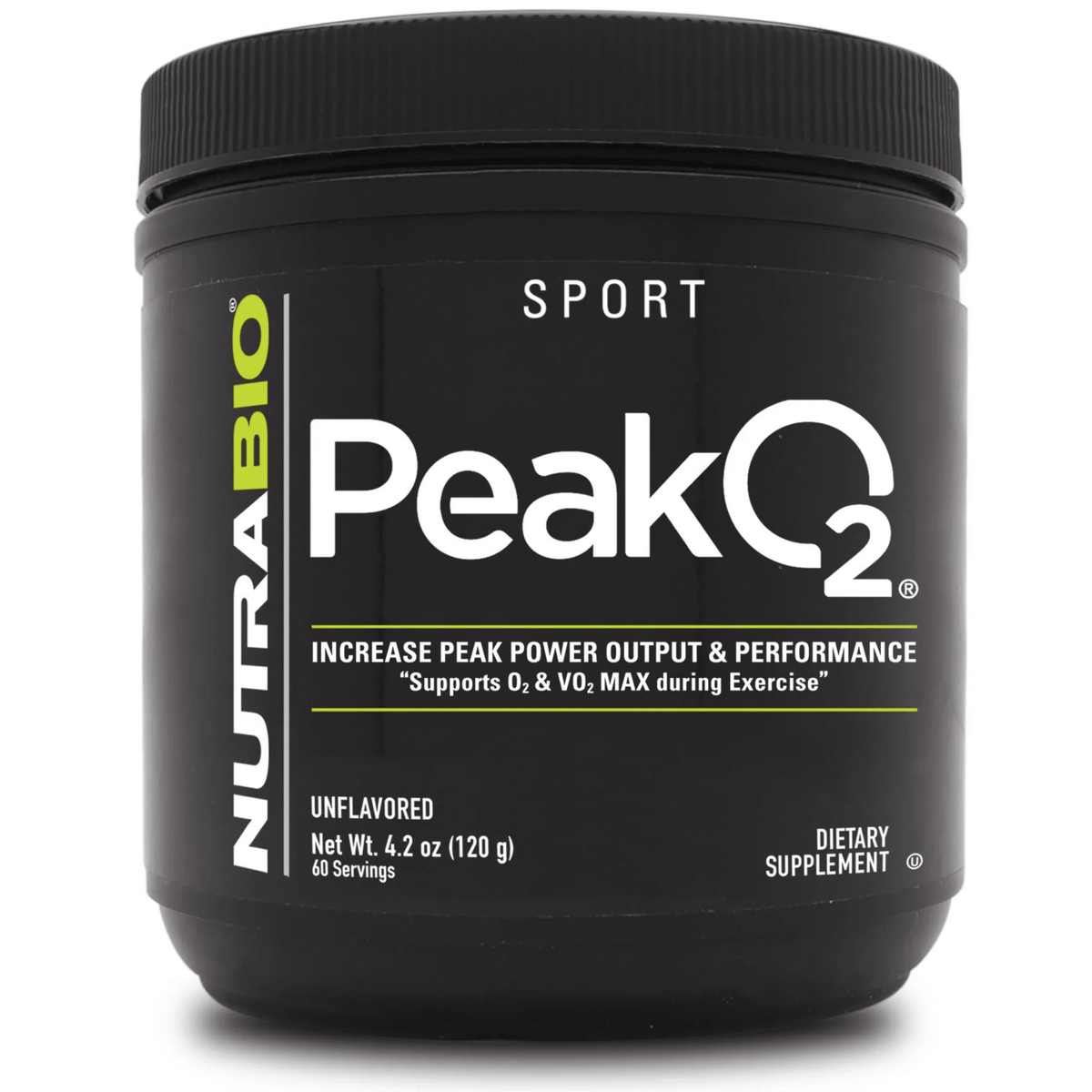 NutraBio Peak02 Powder supplement, front of container