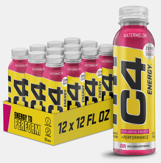 C4 Yellow Bottle RTD pre-workout powder, 12ct size, Watermelon flavor