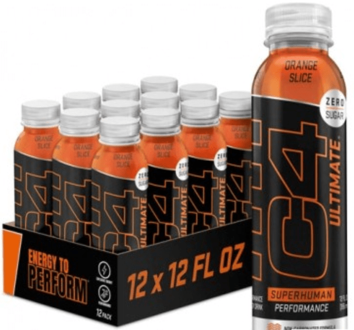 C4 Ultimate Black Bottle RTD pre-workout powder, 12ct size, Orange Slice flavor