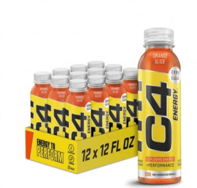 C4 Yellow Bottle RTD pre-workout powder, 12ct size, Orange flavor