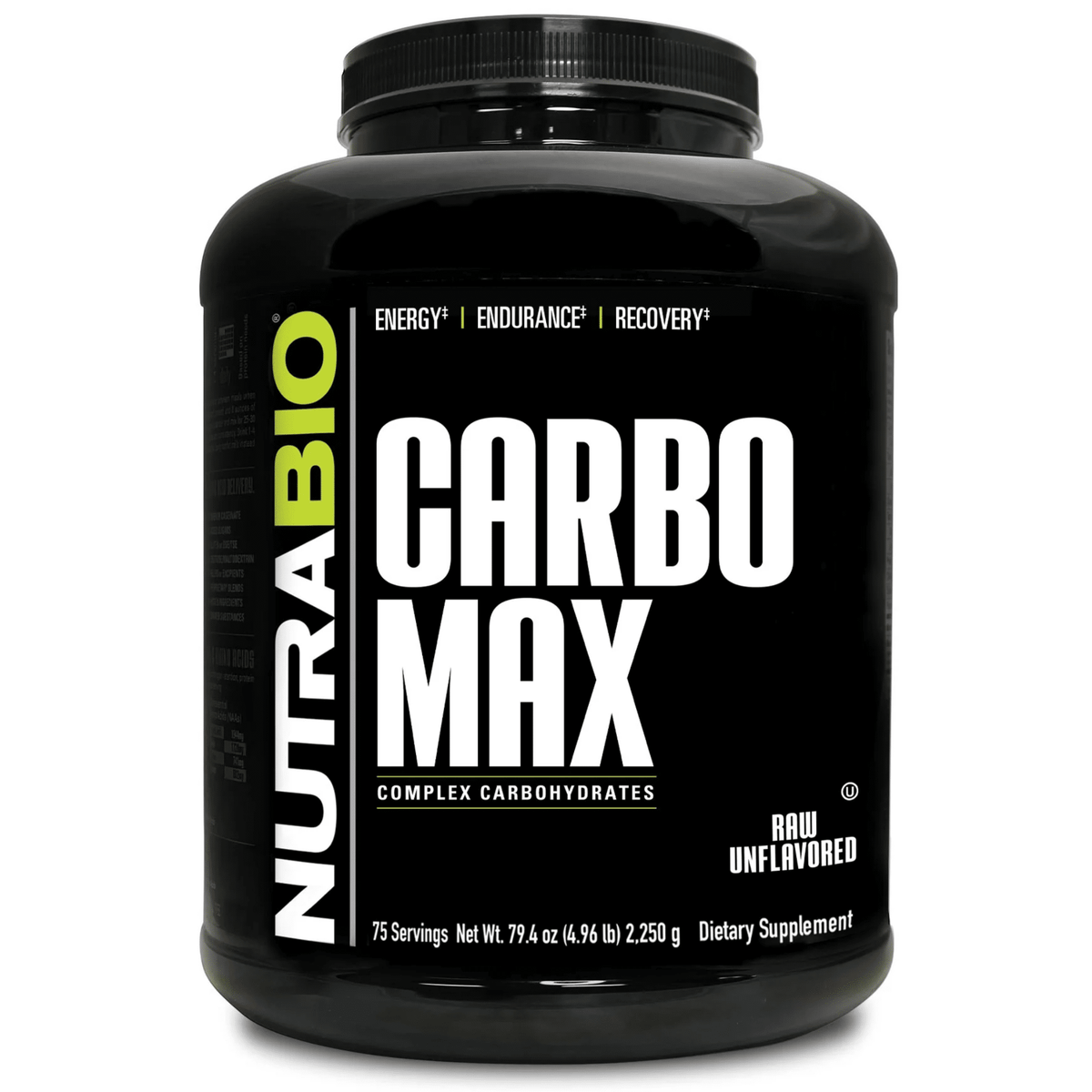 NutraBio CarboMax carbohydrate powder, front of container