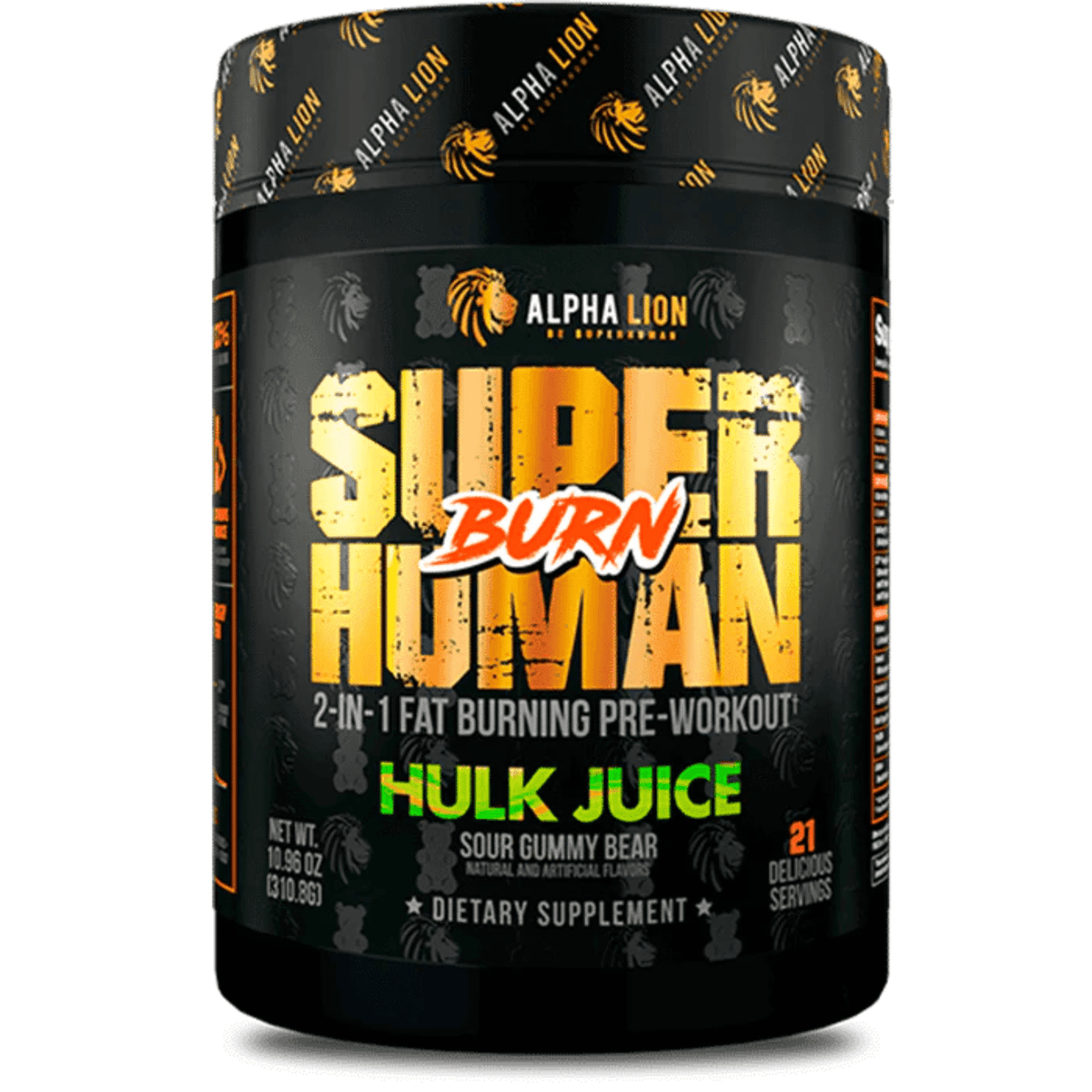Alpha Lion Super Human Burn pre-workout powder, front of container
