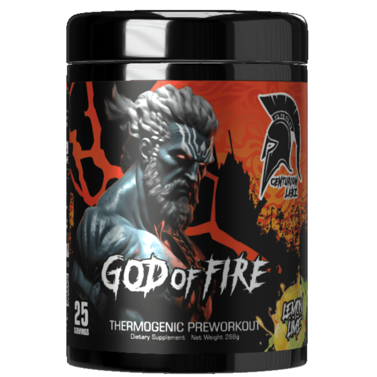Centurion Labz God of Fire pre-workout powder, front of container