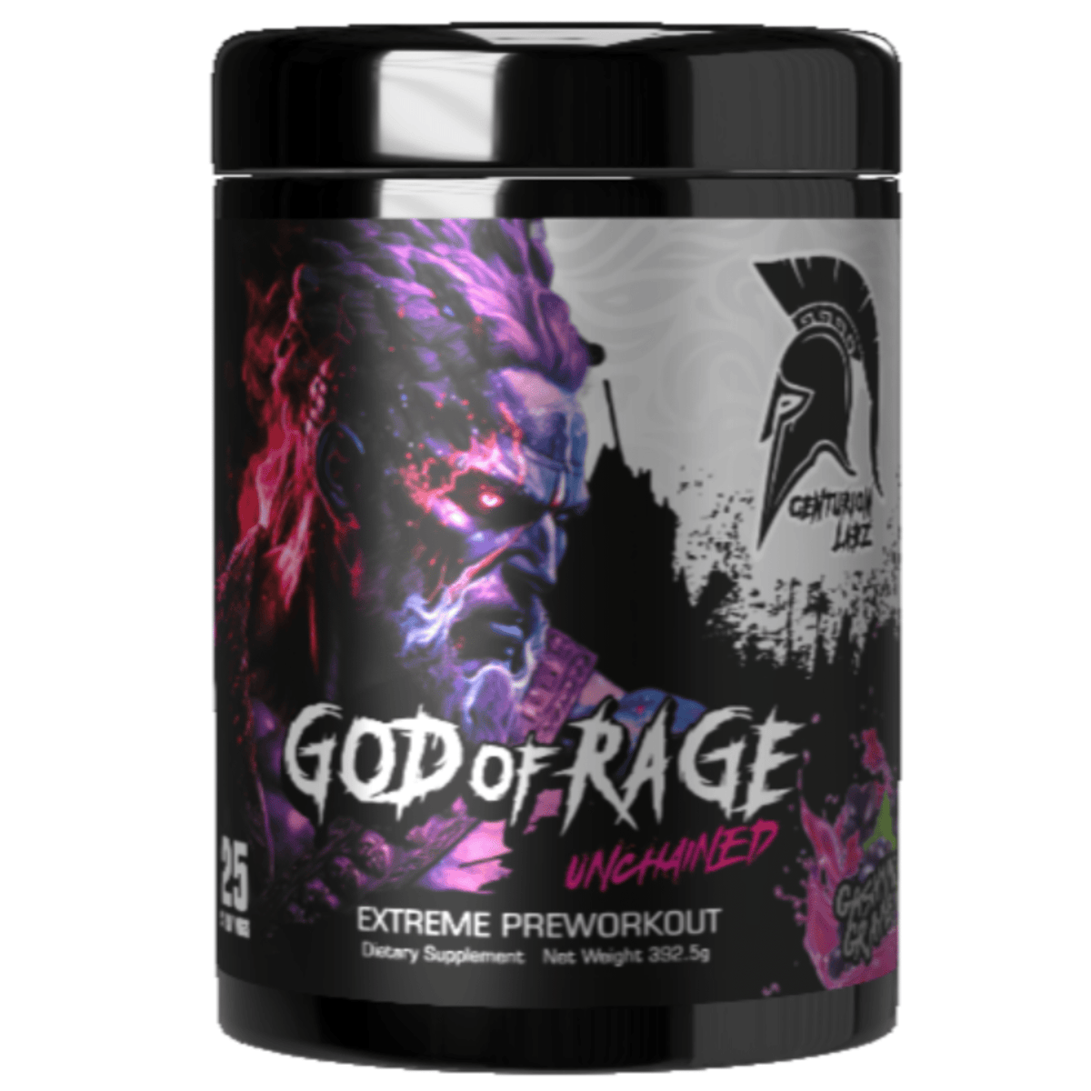 Centurion Labz God of Rage Unchained pre-workout powder, Gashing Grape flavor