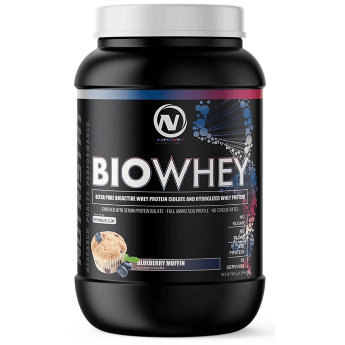 Nutristat Bio Whey protein powder, front of container