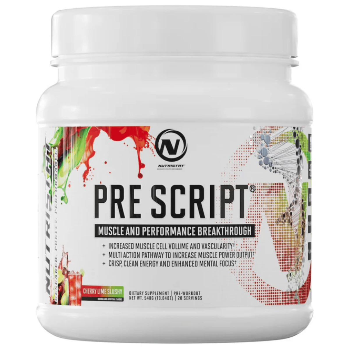 Nutristat Pre Script pre-workout powder, front of container
