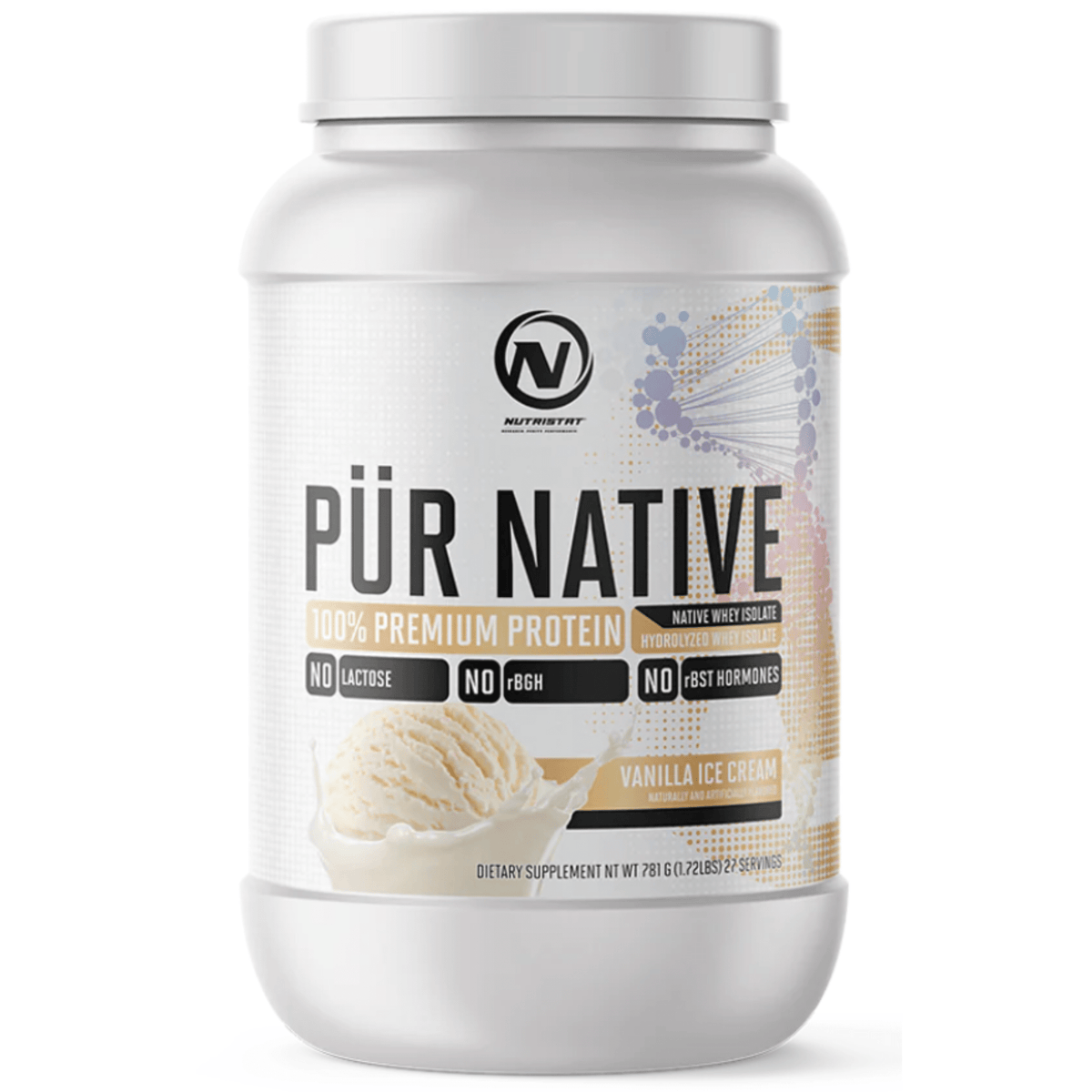 Nutristat PÜR NATIVE Whey Isolate protein powder, 27sv size, Vanilla flavor