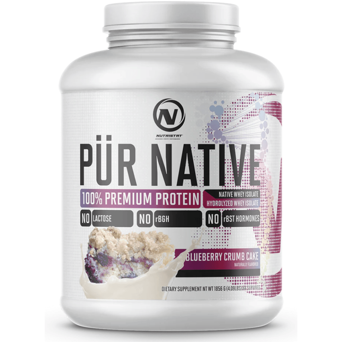 Nutristat PÜR NATIVE Whey Isolate protein powder, 64sv size, Blueberry Crumb Cake flavor