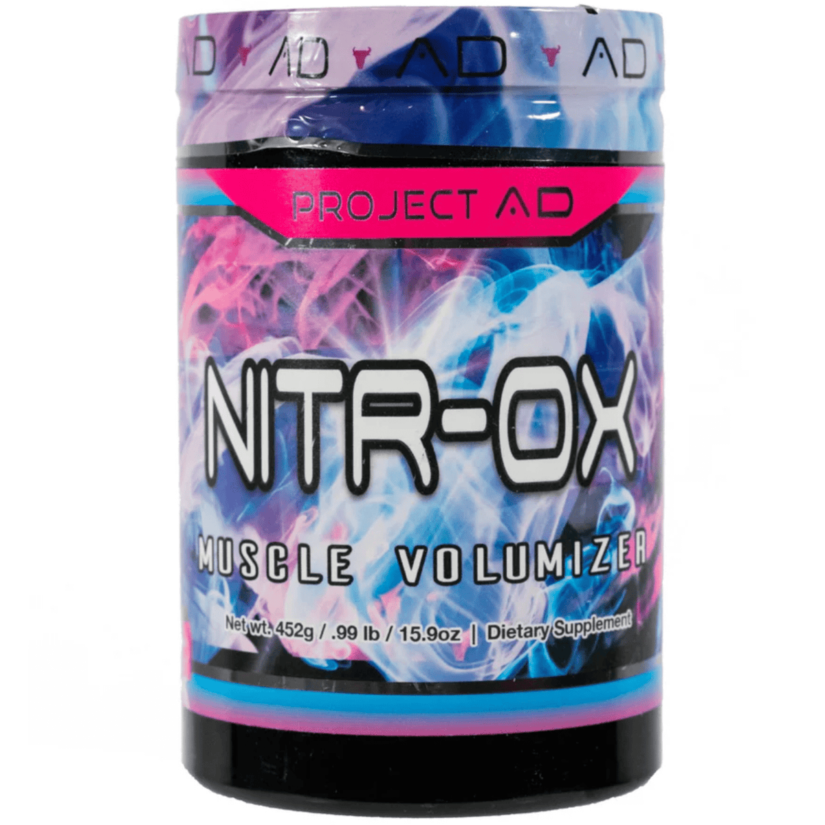 Project AD NITR-OX pre-workout powder, front of container