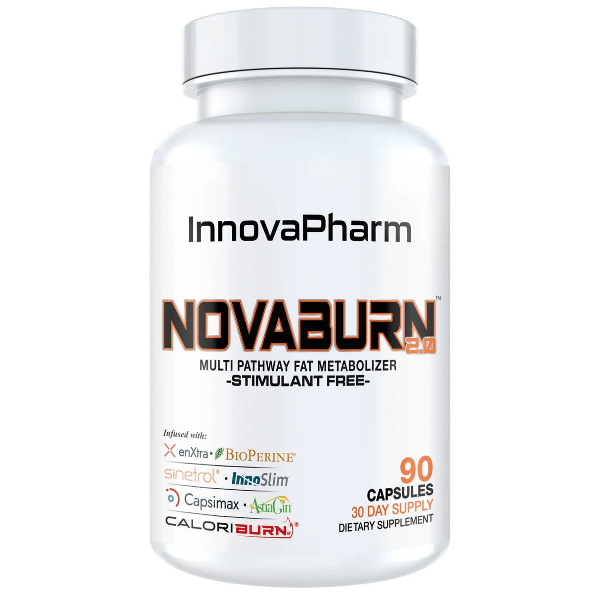 InnovaPharm NovaBurn 2.0 STIM FREE fat burner supplement, front of container