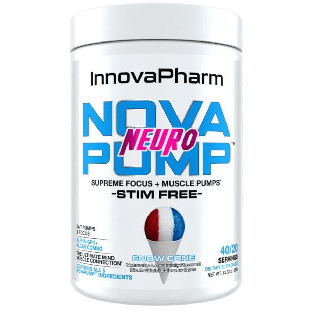 InnovaPharm NovaPump Neuro stim-free pump powder, 40/20sv size, Snowcone flavor