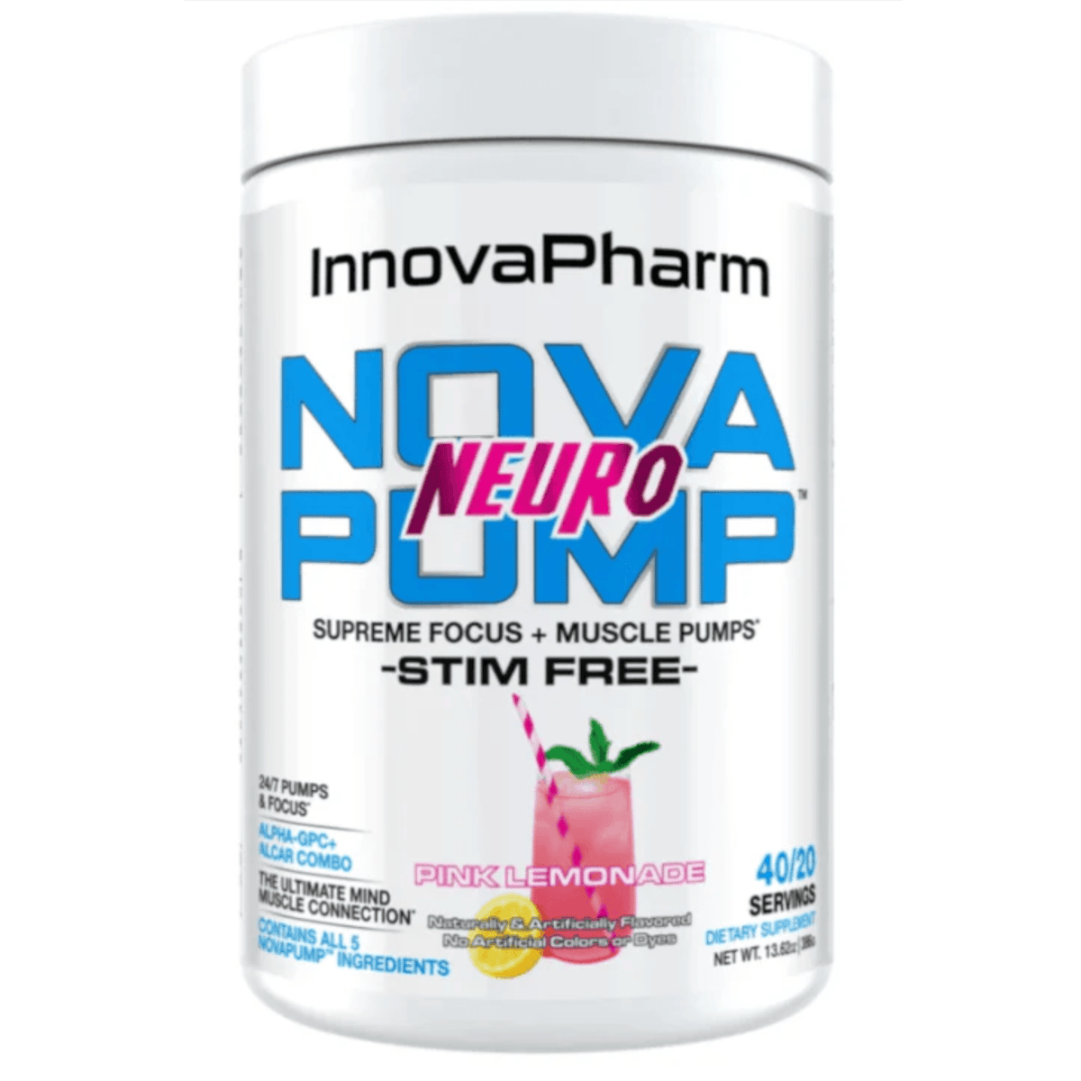 InnovaPharm NovaPump Neuro stim-free pump powder, 40/20sv size, Pink Lemonade flavor