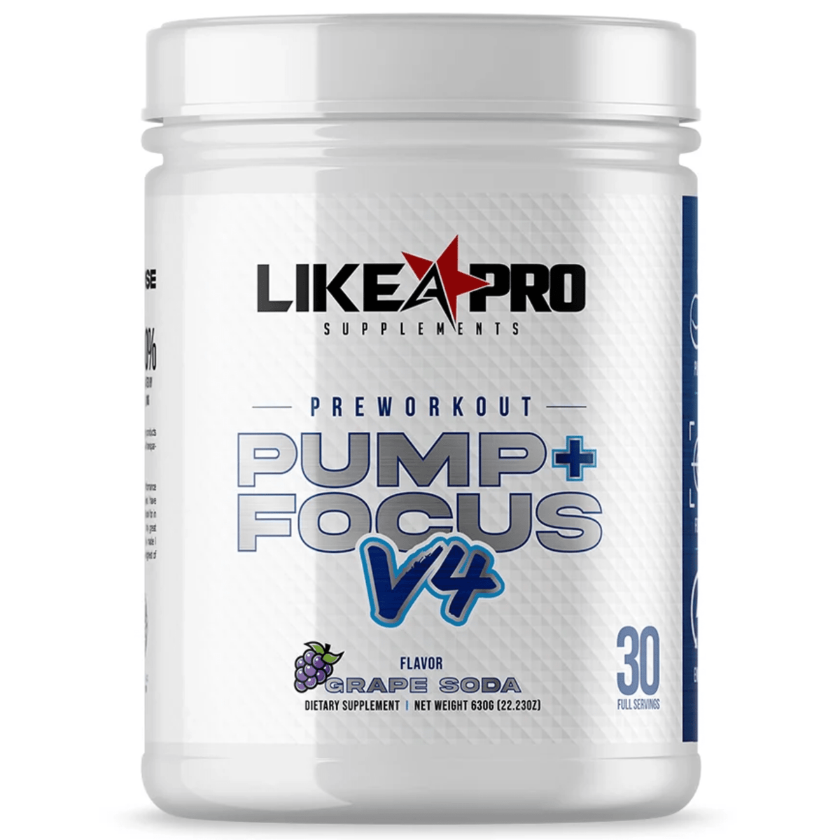Like A Pro Supplements Preworkout Pump & Focus V4 pre-workout powder, 30sv size, Grape Soda flavor