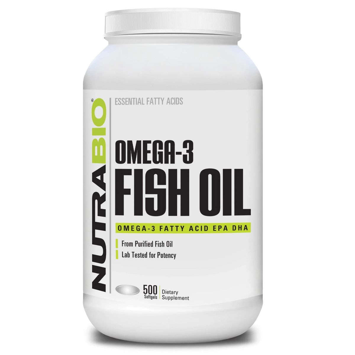 NutraBio Omega 3 Fish Oil supplement, front of container