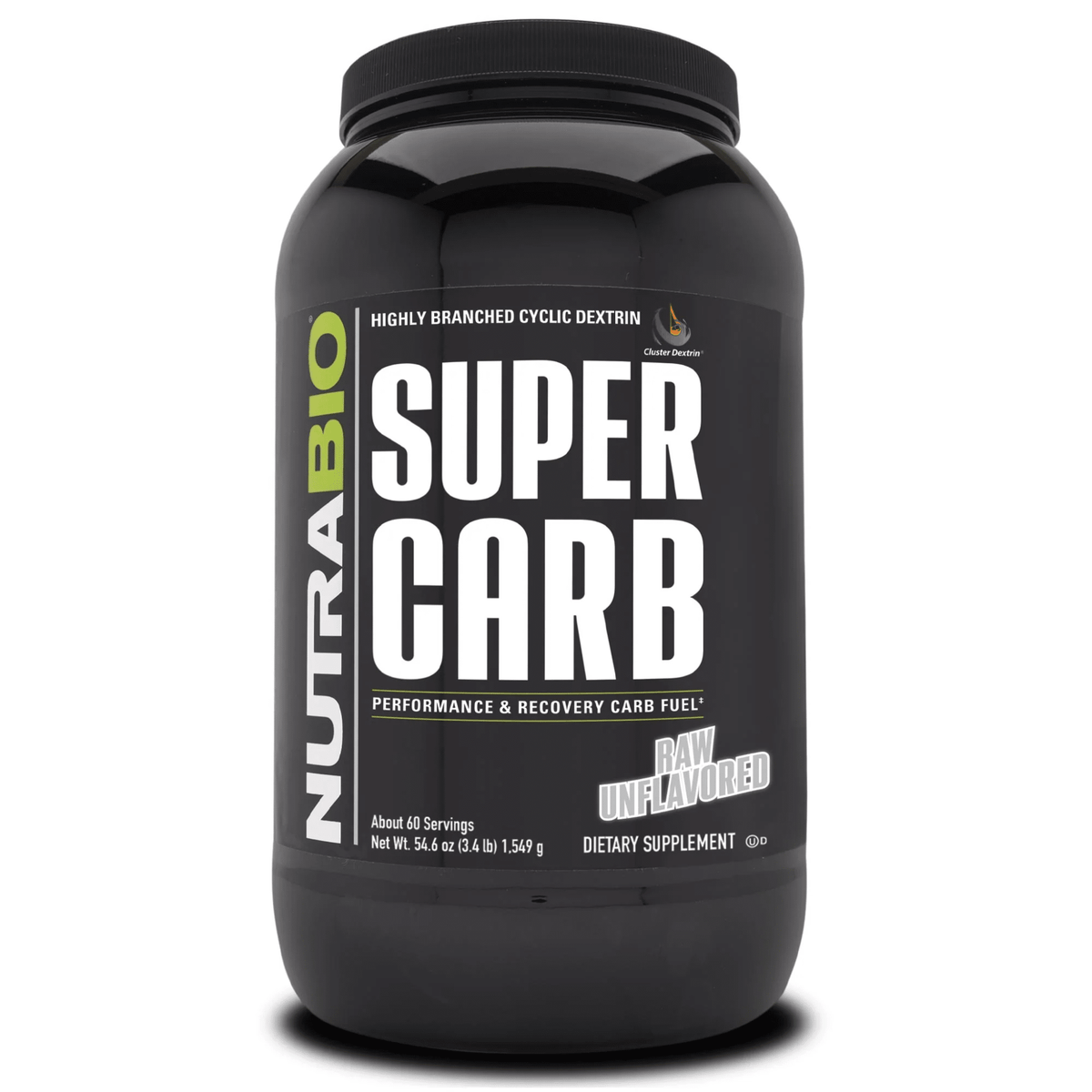 NutraBio Super Carb carbohydrate powder, front of container