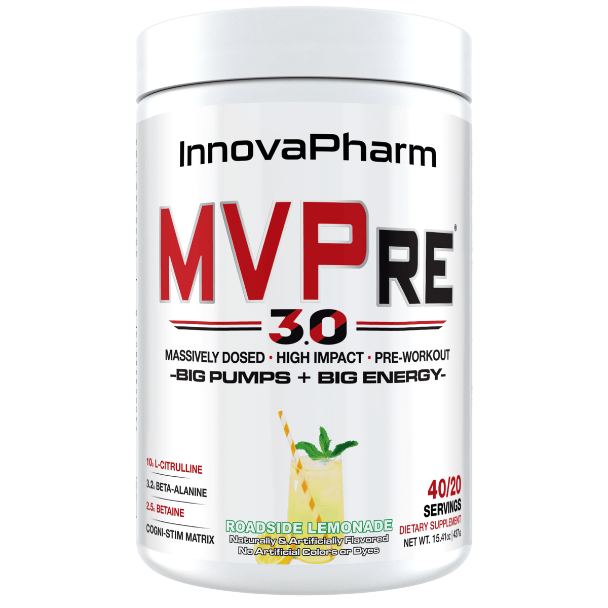 Innova Pharm MVPre 3.0 pre-workout powder, Roadside Lemonade flavor