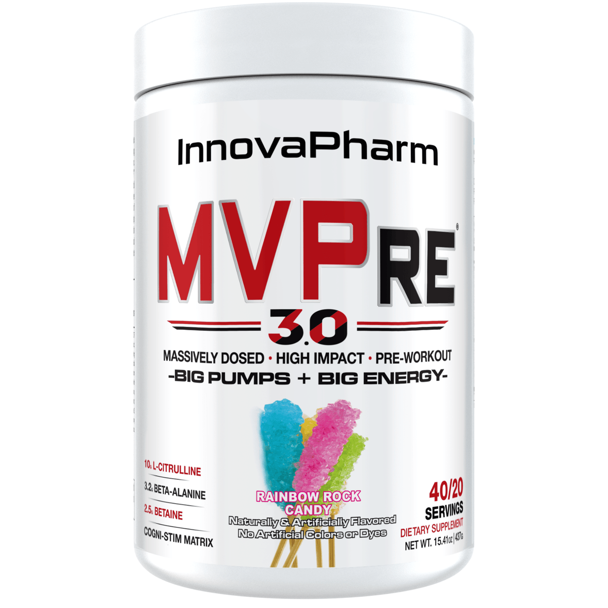 Innova Pharm MVPre 3.0 pre-workout powder, Rainbow Rock Candy flavor
