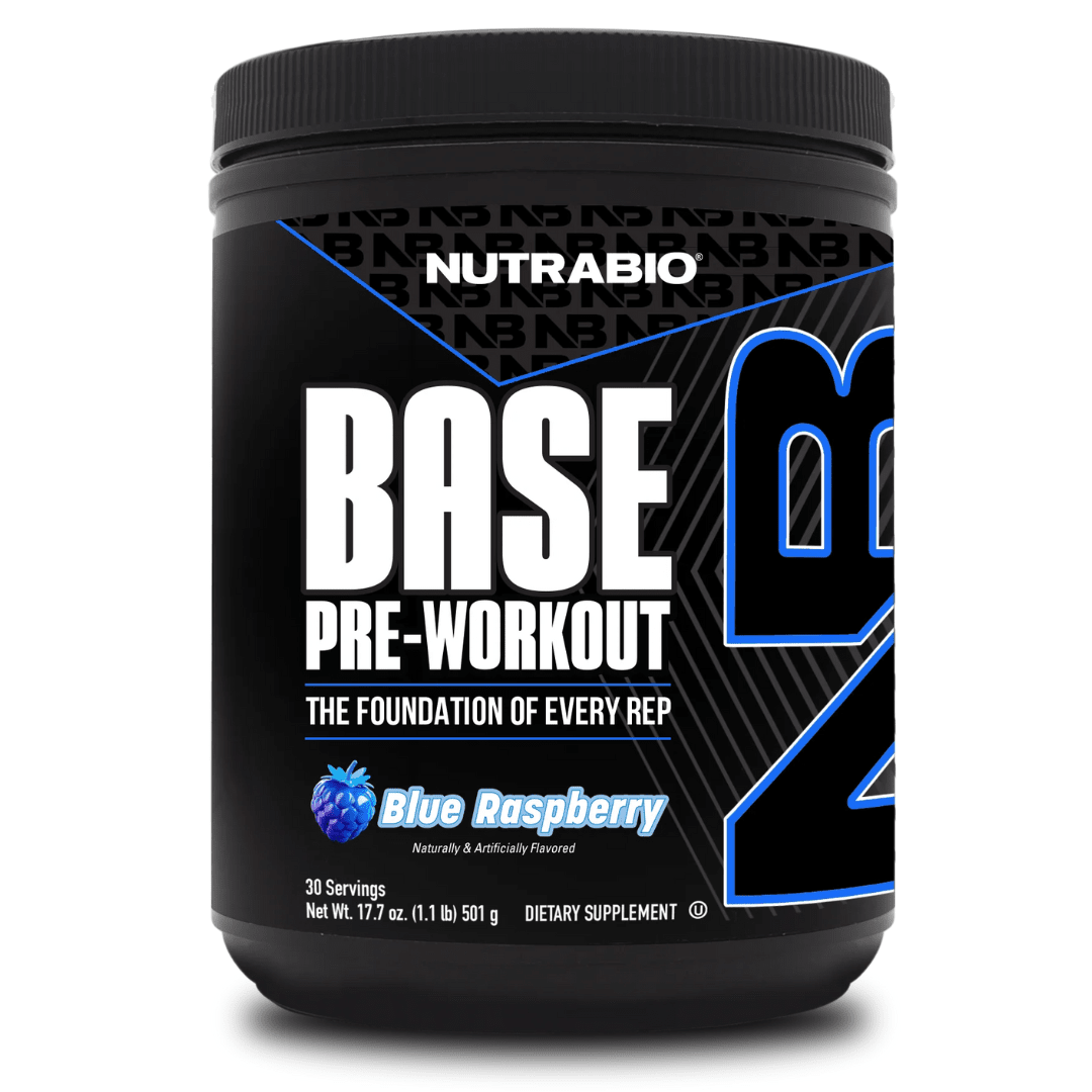 NutraBio Base Pre-workout powder, front of container