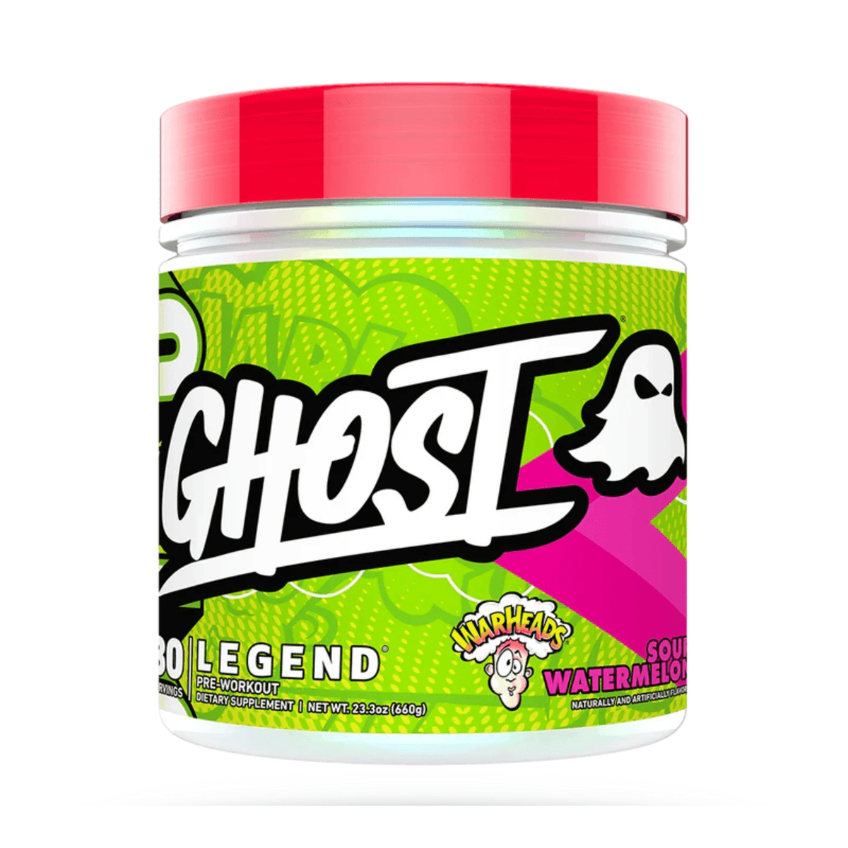 GHOST Legend ALL OUT pre-workout powder, front of container